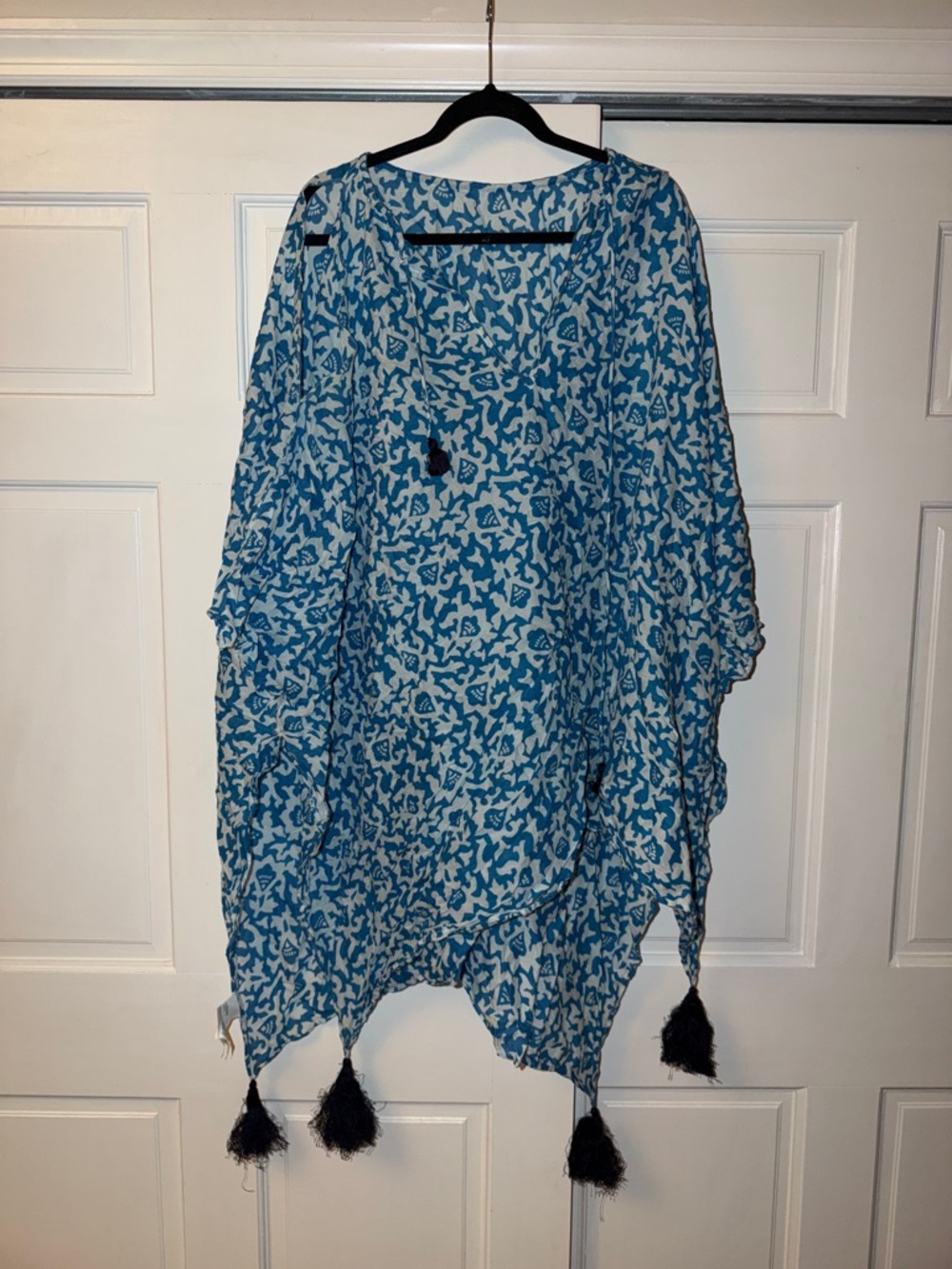 Club Monaco Blue and White Printed Swim Coverup with Tassels